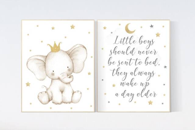 Elephant Nursery Art Print Gold Crown, Girl Room Decor - image 1