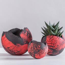 Set Of 3 Red & Black Ceramic Planters, Modern Egg Shape Bowl - thumbnail 2