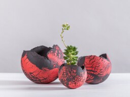 Set Of 3 Red & Black Ceramic Planters, Modern Egg Shape Bowl - thumbnail 1