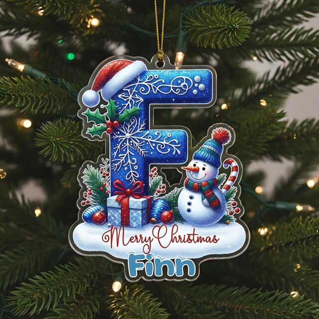 Personalised Christmas Ornament - Custom Name & Initial Acrylic Decoration With Snowman & Gifts, Kids Tree Keepsake 2025 - image 1