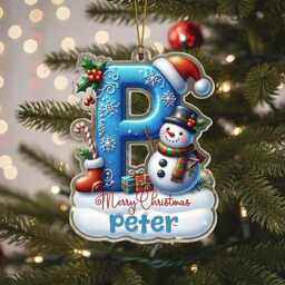 Personalised Christmas Ornament - Custom Name & Initial Acrylic Decoration With Snowman & Gifts, Kids Tree Keepsake 2025 - thumbnail 2