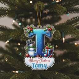 Personalised Christmas Ornament - Custom Name & Initial Acrylic Decoration With Snowman & Gifts, Kids Tree Keepsake 2025 - thumbnail 3