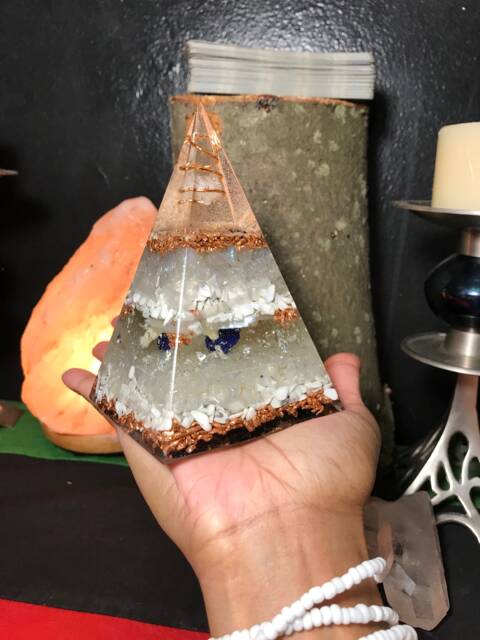 stones Of Heaven Orgone Pyramid ~ Azurite, Howlite, Selenite, Rainbow Moonstone, Lodestone Magnetite, Quartz Crystal Black Tourmaline - image 1