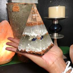 stones Of Heaven Orgone Pyramid ~ Azurite, Howlite, Selenite, Rainbow Moonstone, Lodestone Magnetite, Quartz Crystal Black Tourmaline - thumbnail 3