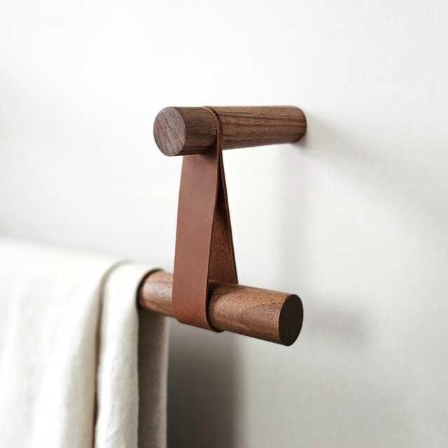 Walnut Curtain Rod Holder/Pole Holder, Leather Strap Curtain Hanger, Bracket. Not Included - image 1