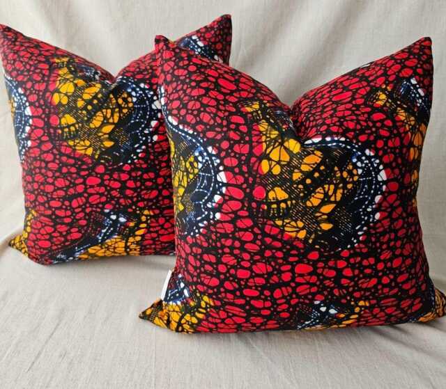 African Wax Print Cotton Cushion Cover, Red Orange Black, 20x20 - image 1