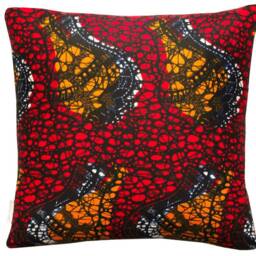 African Wax Print Cotton Cushion Cover, Red Orange Black, 20x20 - thumbnail 3