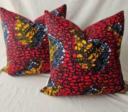 African Wax Print Cotton Cushion Cover, Red Orange Black, 20x20 - thumbnail 1