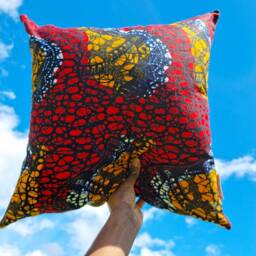 African Wax Print Cotton Cushion Cover, Red Orange Black, 20x20 - thumbnail 2