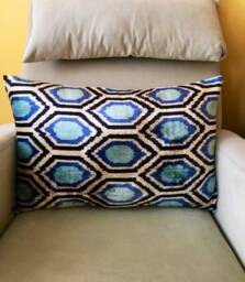 Blue Uzbek Ikat Pillow - Handwoven Velvet Ikat Cushion