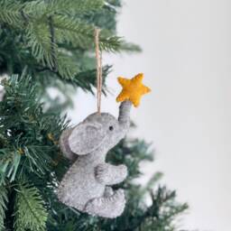 Felt Elephant With Star Christmas Ornament, Twine Thread Attached, Biodegradable Safari Animal Theme