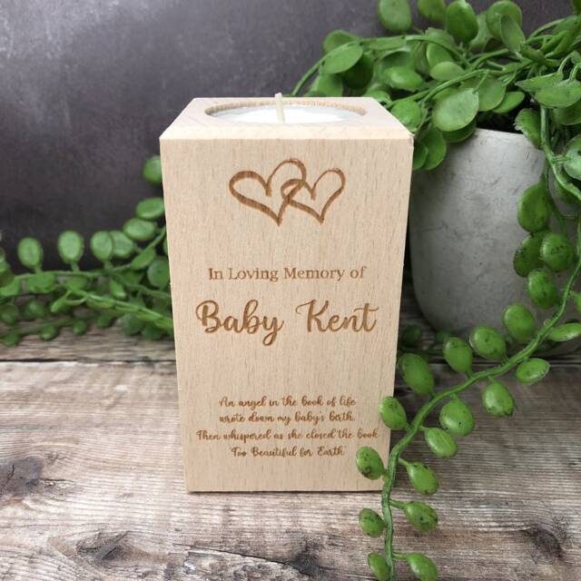 Personalised Engraved Wooden Memorial Tealight Holder Pillar Block With Hearts - Candle, I Love You in Loving Memory Candle - image 1