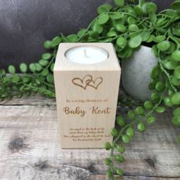 Personalised Engraved Wooden Memorial Tealight Holder Pillar Block With Hearts - Candle, I Love You in Loving Memory Candle - thumbnail 4
