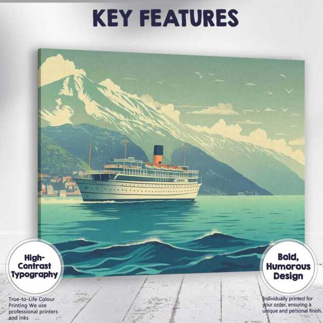Vintage Cruise Ship Snow Capped Mountain Lake Scenic Travel Poster Canvas Wall Art Print Decor Picture Ready To Hang - image 1
