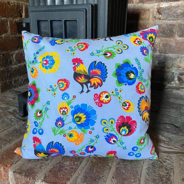 581. Handmade Folk Cockerel On Grey 100% Cotton Cushion Cover. Various Sizes