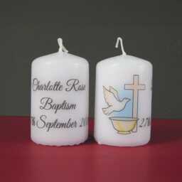 Personalised Christening Favour Candle Baptism Holy Communion Dove Cross Font - thumbnail 3