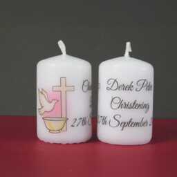 Personalised Christening Favour Candle Baptism Holy Communion Dove Cross Font - thumbnail 2