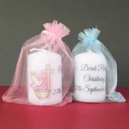 Personalised Christening Favour Candle Baptism Holy Communion Dove Cross Font - thumbnail 1