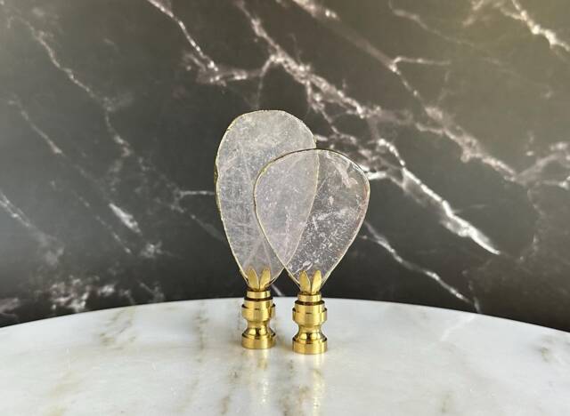 Quartz Crystal Lamp Finials On Shiny Brass Hardware - Gold Gilded Slice Toppers A Single Finial Or Matching Pair - image 1