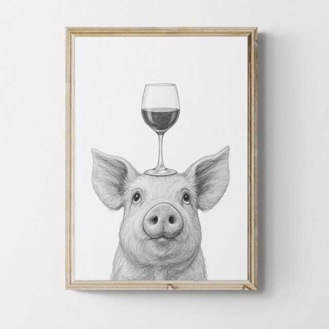 Pig Art Print, Funny Animal & Wine Drawing, Lover Wall Decor, Lovers Gifts - image 1
