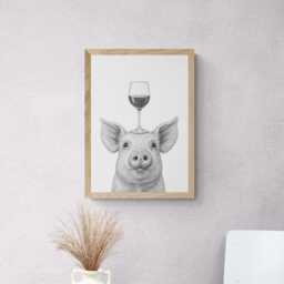 Pig Art Print, Funny Animal & Wine Drawing, Lover Wall Decor, Lovers Gifts - thumbnail 2