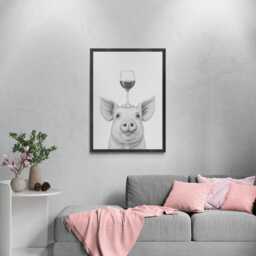 Pig Art Print, Funny Animal & Wine Drawing, Lover Wall Decor, Lovers Gifts - thumbnail 3