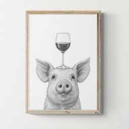 Pig Art Print, Funny Animal & Wine Drawing, Lover Wall Decor, Lovers Gifts - thumbnail 1