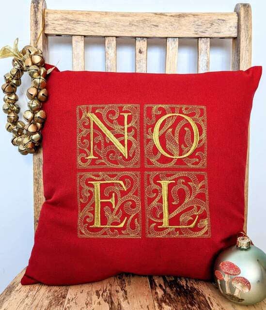 Embroidered Christmas Cushion Cover Gold Linen-Look Festive Pillow - 16x16 - image 1