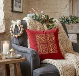 Embroidered Christmas Cushion Cover Gold Linen-Look Festive Pillow - 16x16 - thumbnail 4