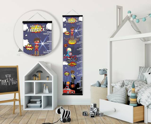 Personalised Height/ Growth Chart - Superhero Theme Beautiful Nursery & Bedroom Wall Decor Printed On A Luxury Fabric Ideal Keepsake - image 1