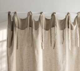 Tie Top Natural Linen Curtain Panel, Sheer Boho Style - thumbnail 1