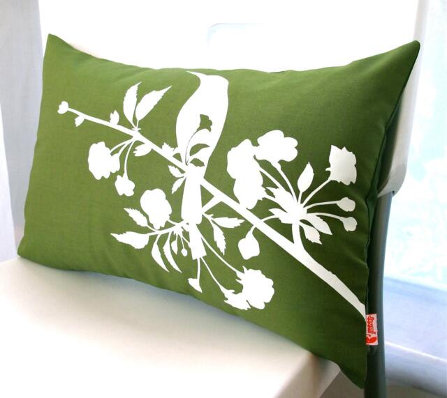 Olive Green Blossom Bird Pillow Silkscreened Cotton Rectangle Cushion - image 1