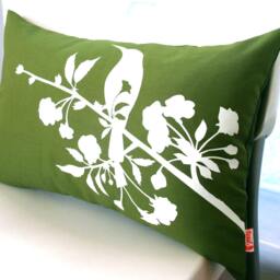 Olive Green Blossom Bird Pillow Silkscreened Cotton Rectangle Cushion - thumbnail 4