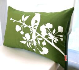 Olive Green Blossom Bird Pillow Silkscreened Cotton Rectangle Cushion - thumbnail 1