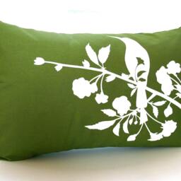 Olive Green Blossom Bird Pillow Silkscreened Cotton Rectangle Cushion - thumbnail 2