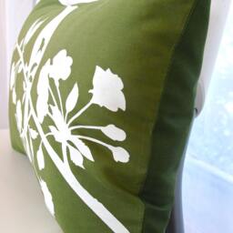 Olive Green Blossom Bird Pillow Silkscreened Cotton Rectangle Cushion - thumbnail 3