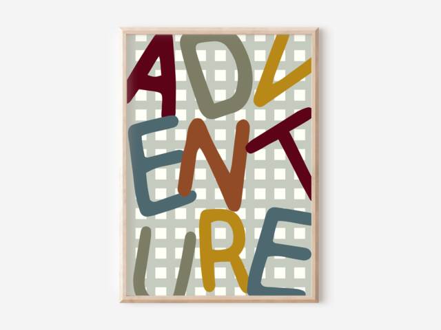 Gingham Print With Adventure Typography For A Playroom, Bedroom Or Nursery. Colourful Playroom Art Kids - Print Only - image 1