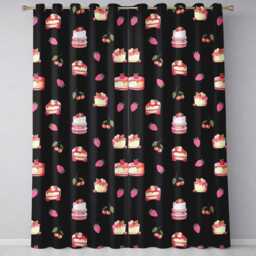 Cute Strawberry Cake Dessert Cherry Fruit Black Background Seamless Pattern Readymade Eyelet Ring Top Thermal 100% Blackout Curtains - thumbnail 2