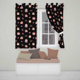 Cute Strawberry Cake Dessert Cherry Fruit Black Background Seamless Pattern Readymade Eyelet Ring Top Thermal 100% Blackout Curtains - thumbnail 1