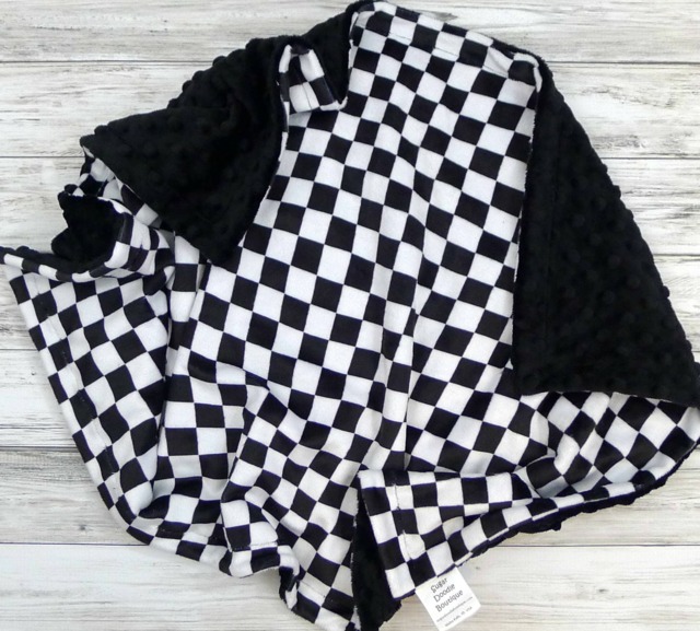Personalized Baby Blanket - Racing Flag Race Black & White Monochrome Minky - image 1