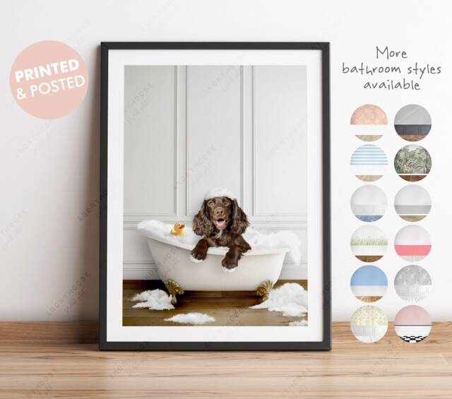Chocolate Brown Cocker Spaniel Dog in A Bath Print, Bathing, Funny Bathroom Animal Bathtub, Dog Tub Whimsy - image 1