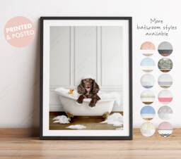 Chocolate Brown Cocker Spaniel Dog in A Bath Print, Bathing, Funny Bathroom Animal Bathtub, Dog Tub Whimsy - thumbnail 1