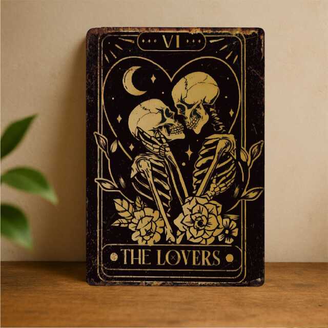 The Lovers Tarot Print - Gothic Wall Art Sign, Romantic Tin Plaque, Occult Metal Decor - image 1