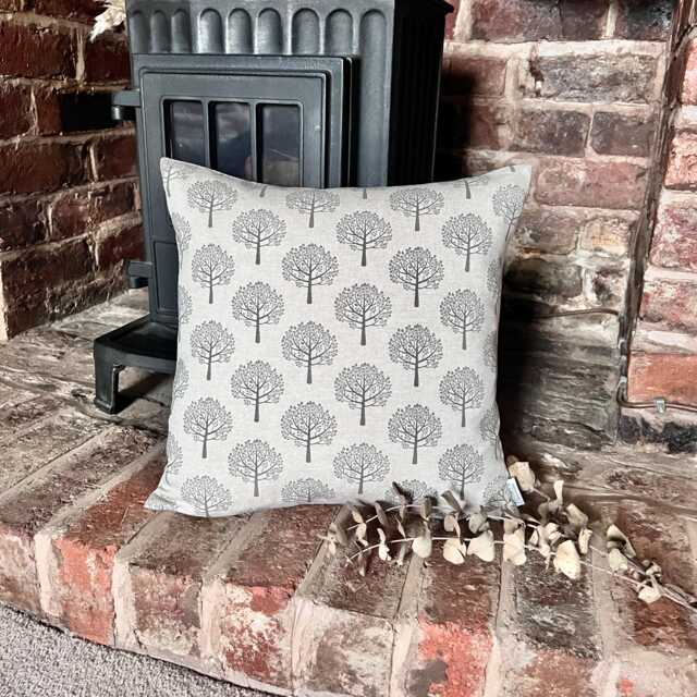 1577. Mulberry Trees Grey On Linen Block Print Linen Look -Cotton Blend Cushion - image 1