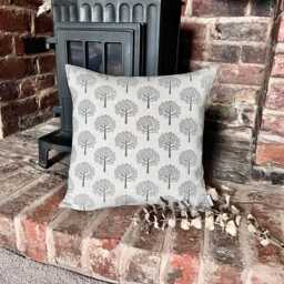 1577. Mulberry Trees Grey On Linen Block Print Linen Look -Cotton Blend Cushion