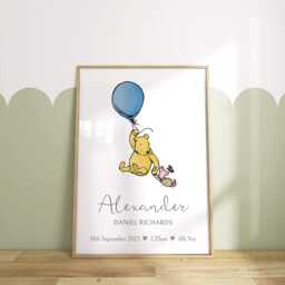 Winnie The Pooh Birth Details Print - Personalised Baby New Gift Newborn Present For Boy Nursery Wall Art - thumbnail 3