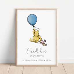 Winnie The Pooh Birth Details Print - Personalised Baby New Gift Newborn Present For Boy Nursery Wall Art - thumbnail 1
