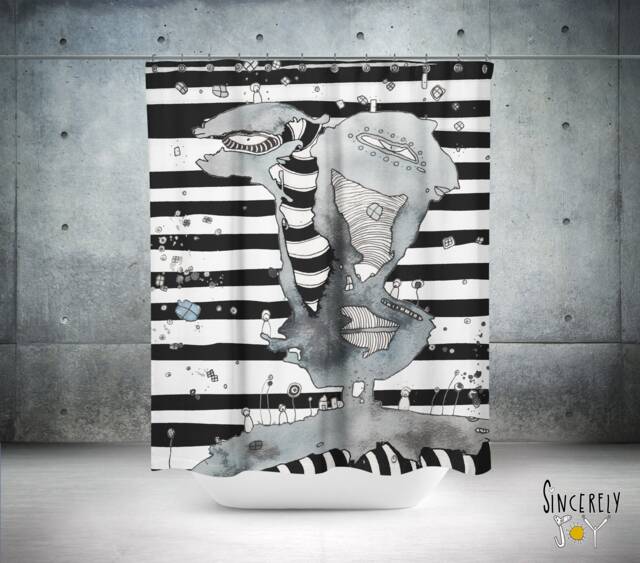 Unique Black White Face Art Stripes Contemporary Shower Curtain Striped Abstract Bathroom Funky Artist Curtains Artwork Decor - image 1