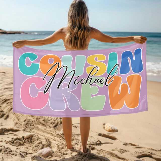 Custom Name Cousin Crew Beach Towel, Personalized Monogram Pool Signature Towel For Kids, Vacation Gift, Picnic - image 1