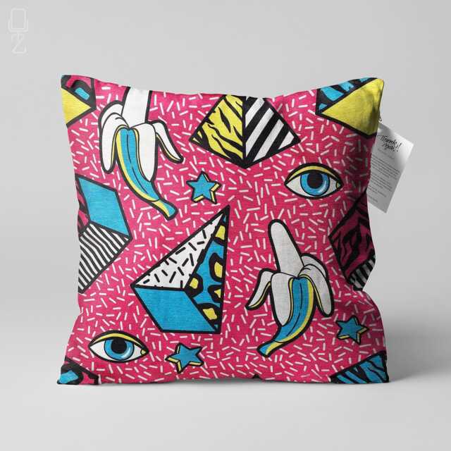 Cushion Cover Geometric Icons On The Pink - Pyramids, Banana & Eyes, Double Sided Printing Pillow Chenille With Different Sizes - image 1